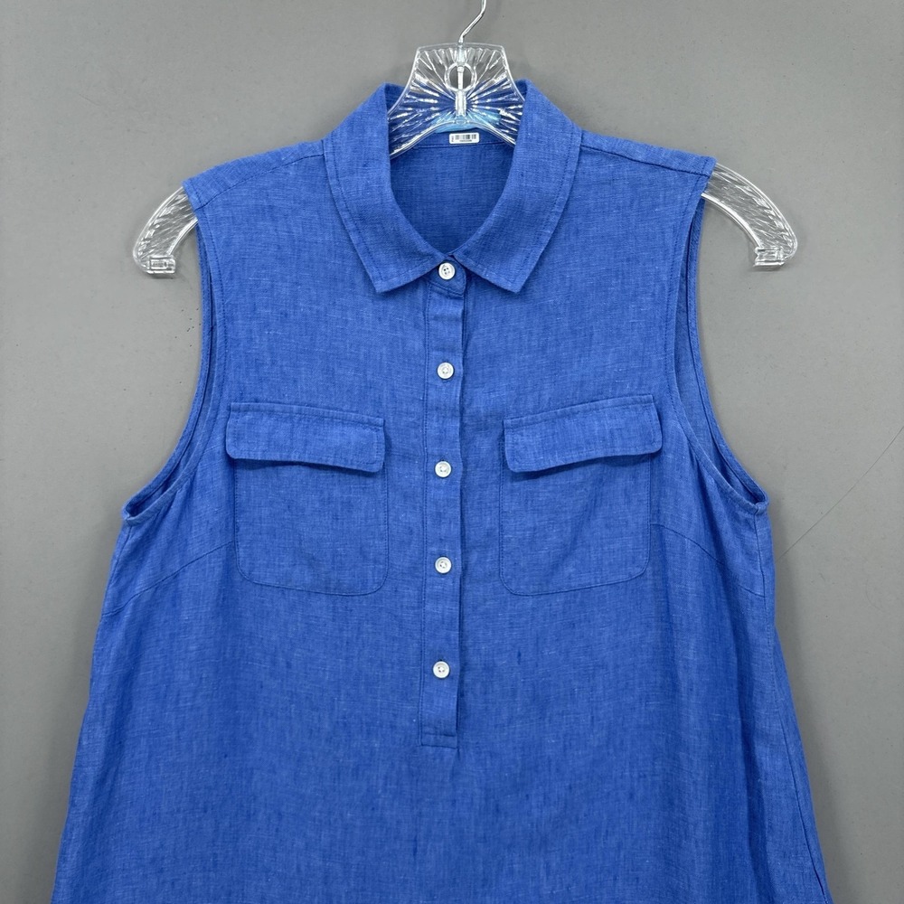 J McLaughlin Dress Small Blue Linen Sleeveless Shirt Collared Pockets Resort - Picture 2 of 10